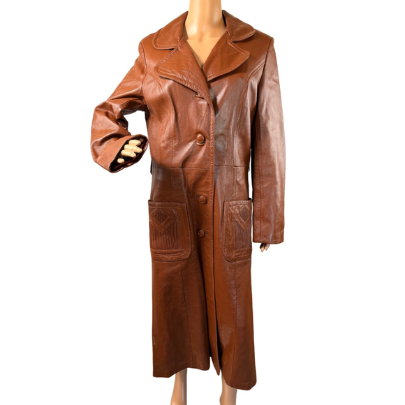 Vintage 70s Caramel Brown Genuine Leather Long Coat Women's Trench Retro 12 Edgy - Picture 2 of 16